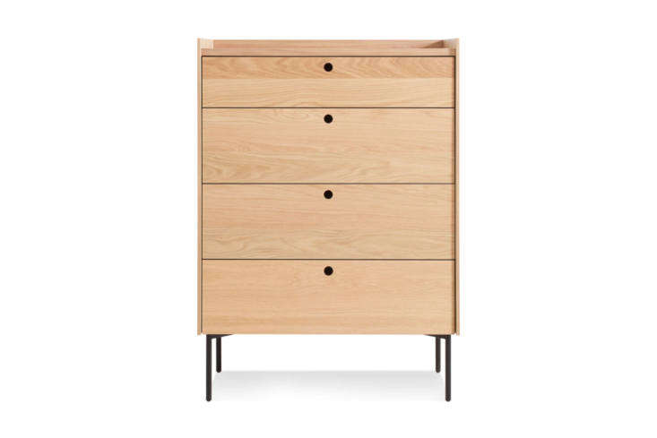 the blu dot peek 4 drawer dresser comes in white oak and rustic walnut for \$\2 19