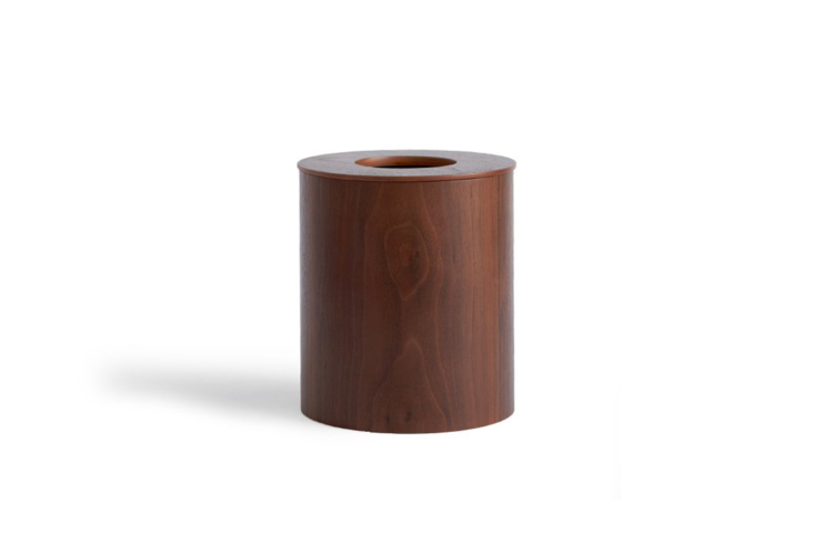 the saito wood co. walnut paper waste basket with cutout lid comes in two sizes 20