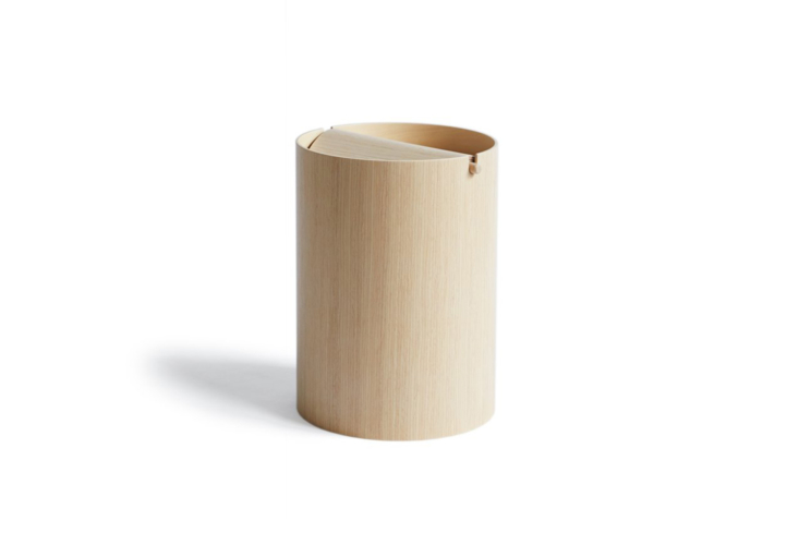 the saito wood co. small white oak paper waste basket with lid is \$\150 at nal 17