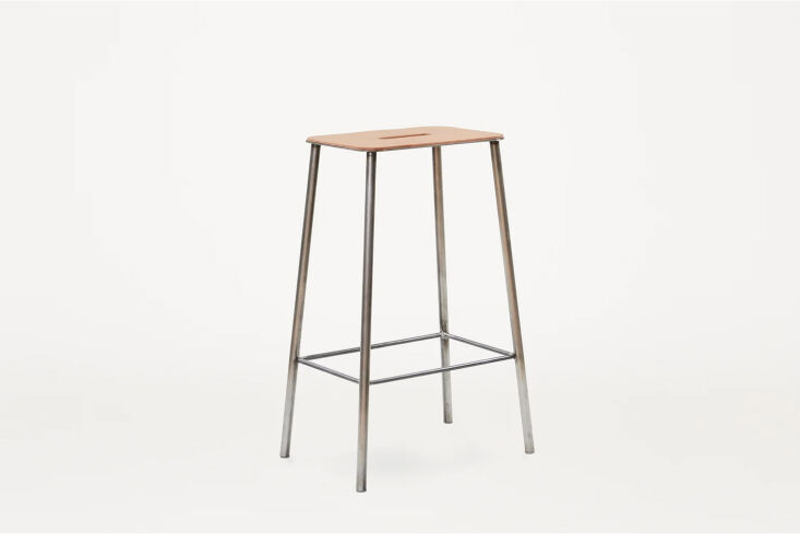 the frama adam stool, shown in natural leather and raw steel, is one of a few c 17