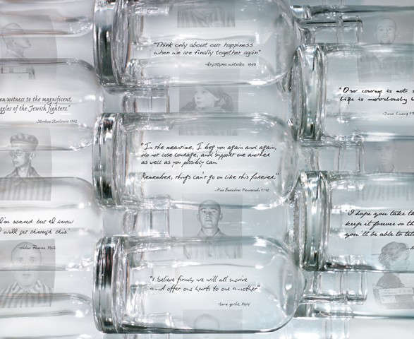 holocaust memorial: \100,000 solid glass bottles cast from recycled glass, etch 21
