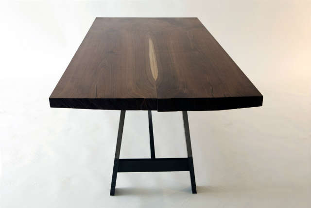 Cambridge Trestle: Custom dining table of black walnut slab and darkened steel trestle base. A collaboration with December Box, Brooklyn, NY. Photo: Anna Van Lenten