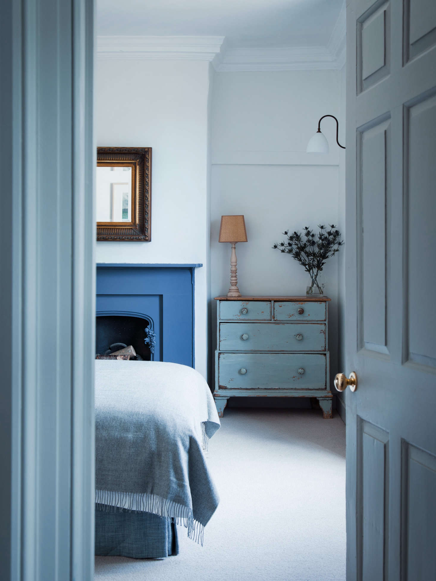 A flawless application of several shades of blue makes for a restful bedroom in this Dorset House by Mark Lewis. See: Blue Period: An English Manor House Channels Picasso. Photo by Rory Gardiner.