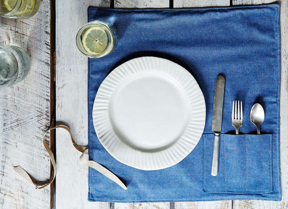 the denim flatware place setting takes the idea of a knife roll and applies it  21