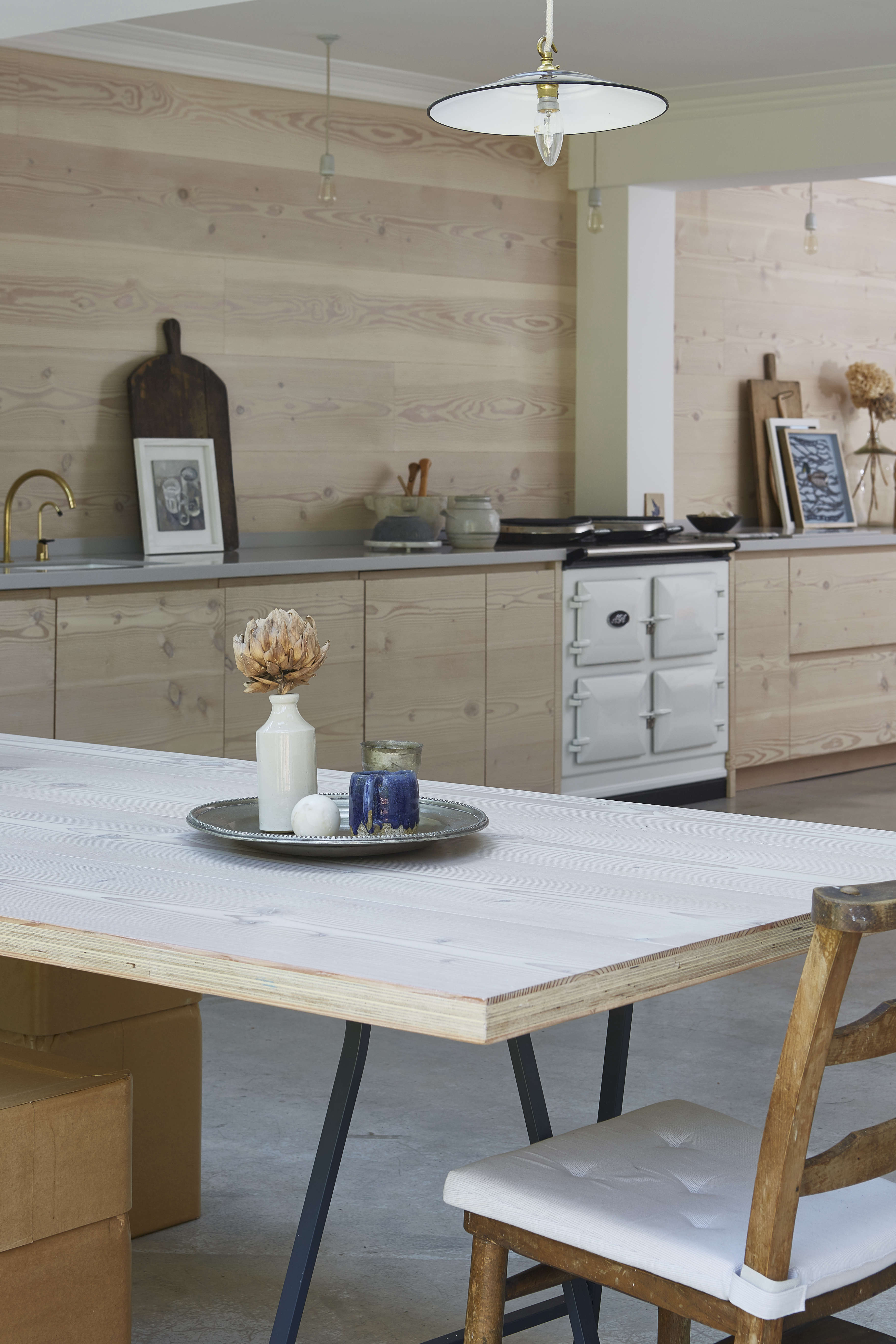 dougls fir cabinets, wall paneling, and table in a scandinavian style kitchen i 26