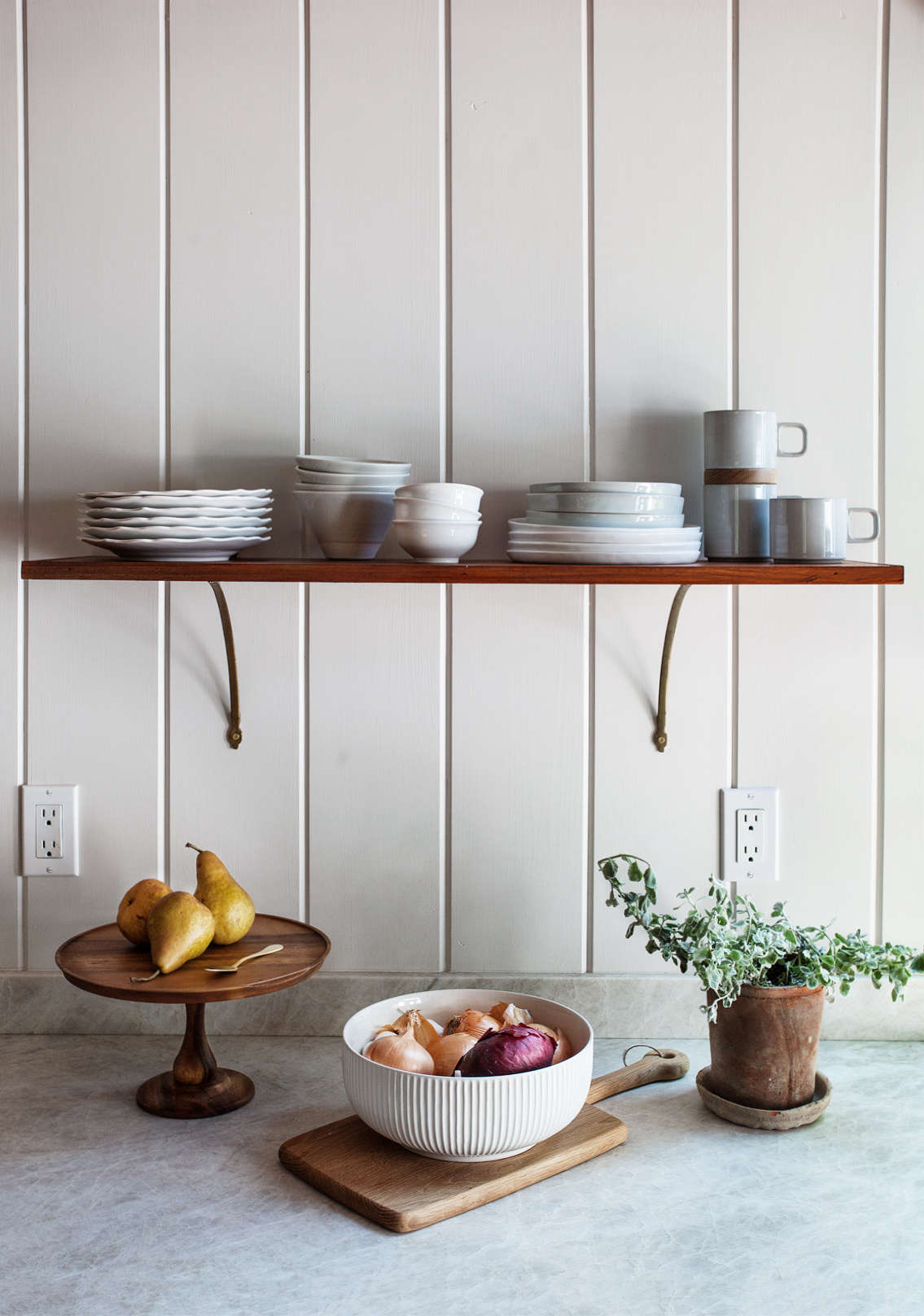 A detail of V-groove shows how well it pairs with other organic elements such as these more formal marble countertops. (See Building Character: Jersey Ice Cream Co. and the Case of the Charmless Manse.) Photograph by Emily Hirsch and Erick Steinberg of Heidi’s Bridge.