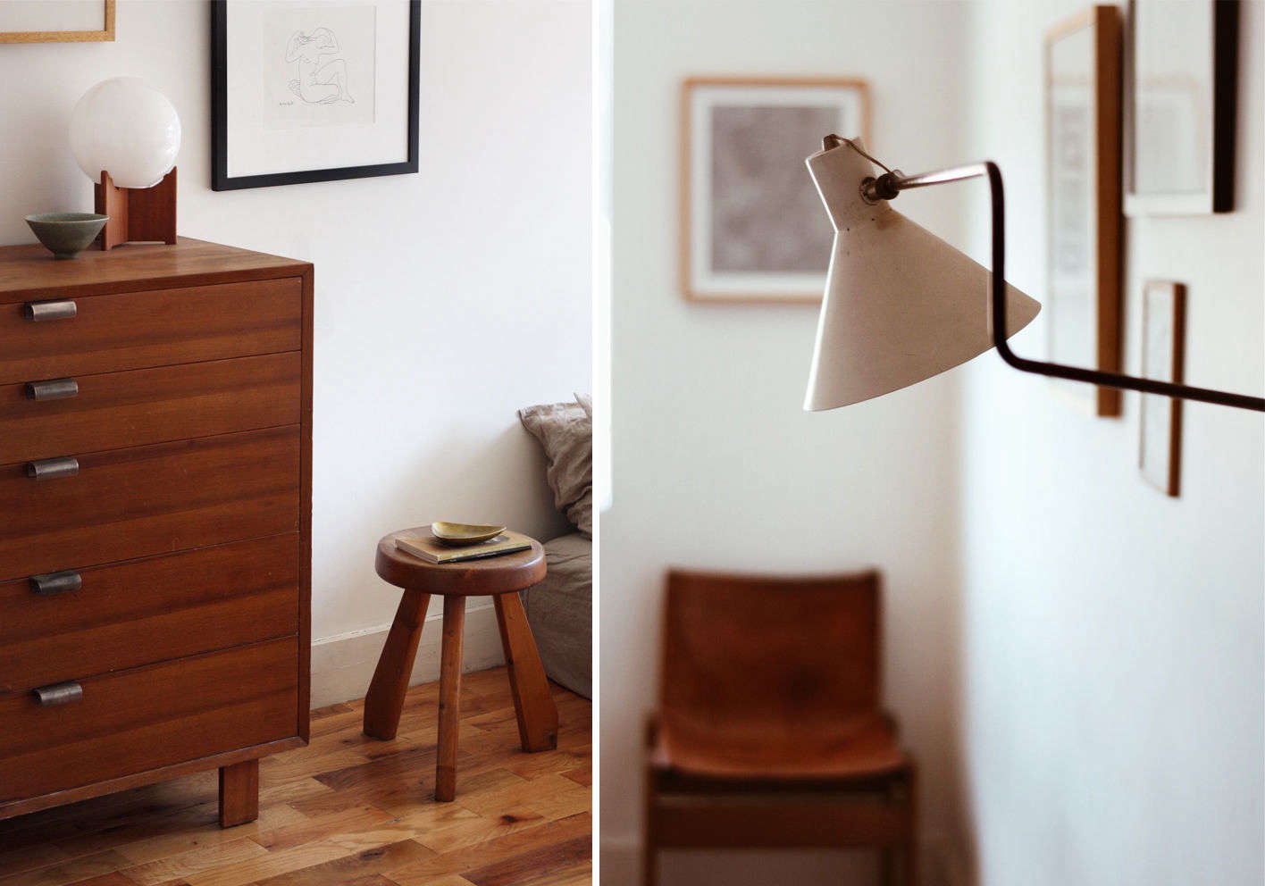 Above L: A dresser by George Nelson for Herman Miller stands alongside a Charlotte Perriand Les Arcs stool. Above R: On another bedroom wall, a swing-arm lamp by JJM Hoogervorst for Anviaa hangs opposite a 70s leather chair by Afra and Tobia Scarpa, which Kirill bought in Italy.