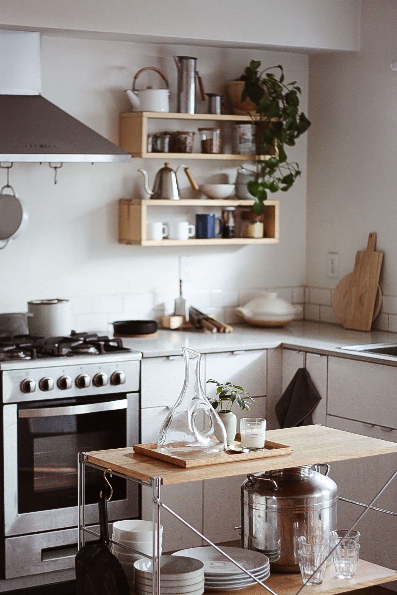 Structurally, Kirill and Alysha did not do much to the kitchen except adding the box shelves, which Kirill made, as well as the simple island from Crate & Barrel (alas, no longer available).