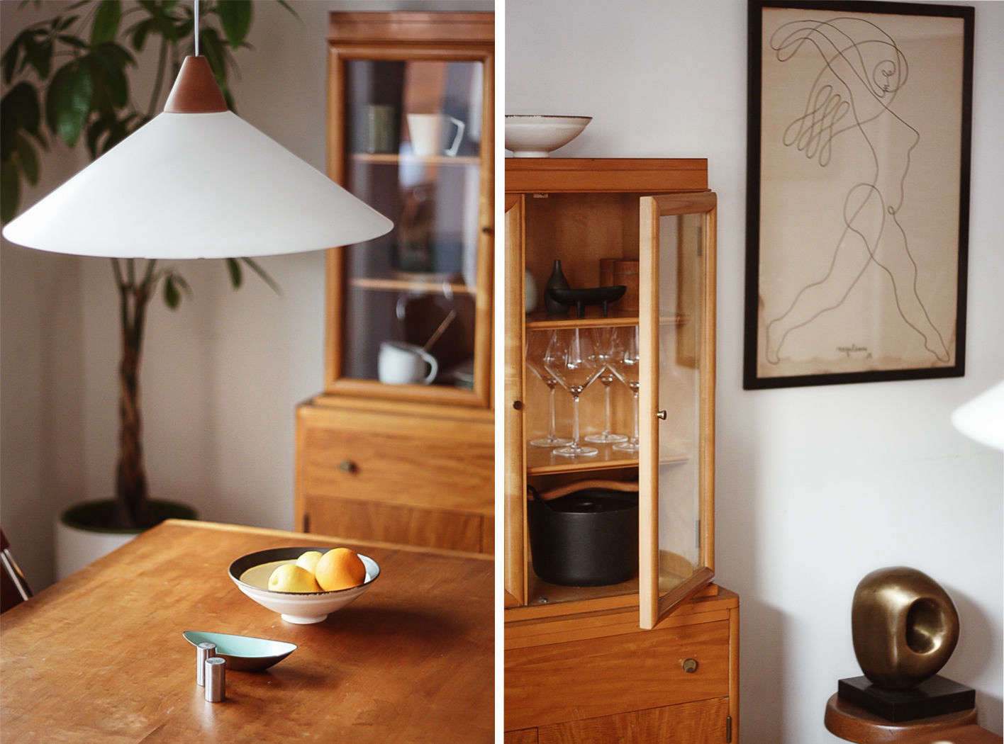 Midcentury modern details in the dining room feature a pendant lamp made in Sweden, as well as a Danish hutch, a 56 drawing by Jean Negulesco, and an unidentified 50s sculpture.
