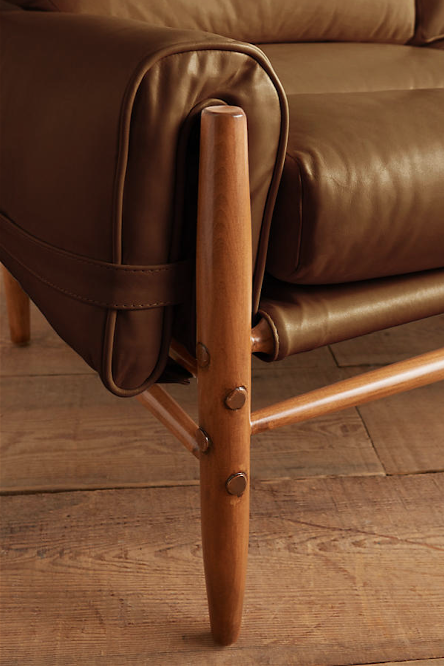 A detail of the maple joinery. The leather is meant to patina over time.