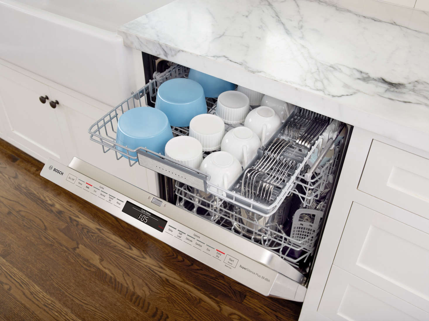 The newest Bosch dishwashers feature a third rack called MyWay™, which boasts the largest loading capacity of any third rack on the market, versus other major brands with a third rack. (