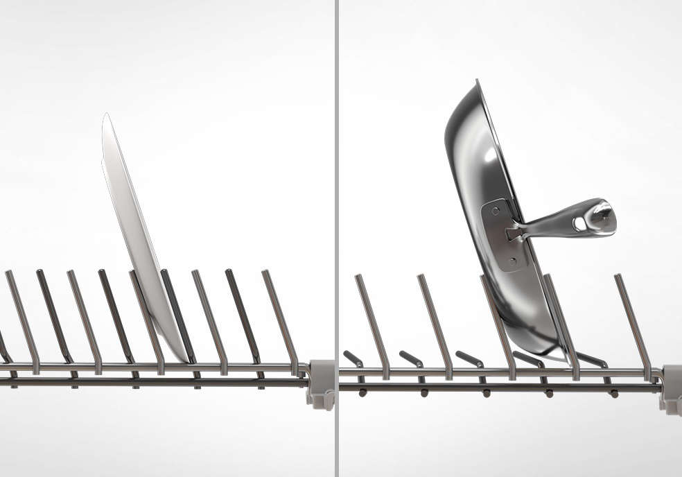 Load large and heavy items like mixing bowls, pots and pans, and plates on the bottom rack. Bosch dishwashers in the 300 Series and up feature FlexSpace™ tines on the lower rack, which lets you fold back individual tines so it