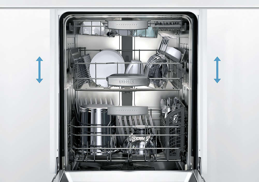 Bosch dishwashers feature Rackmatic®, which lets you adjust the middle rack into nine different positions. For example, you have the flexibility to load baking sheets in the bottom rack while still being able to load stemware in the middle rack. Photograph courtesy of Bosch Home Appliances.