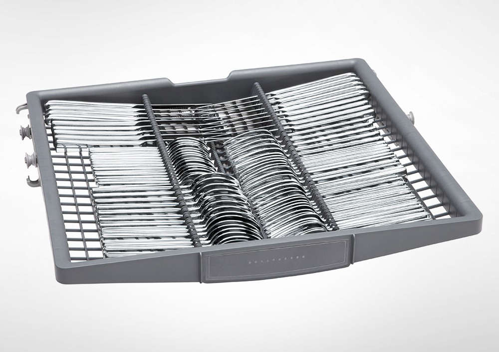 Most Bosch dishwashers have a third rack. The standard Bosch third rack, shown here, is good for loading silverware, large utensils, and measuring cups. Photograph courtesy of Bosch Home Appliances.