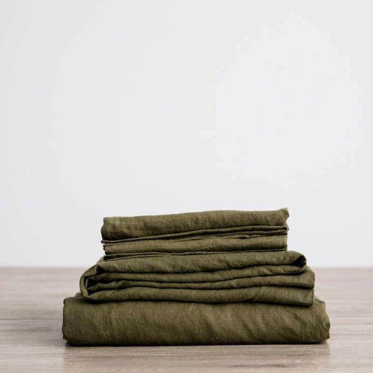 the linen sheet set in olive by cultiver is available from \$365 and comes with 21