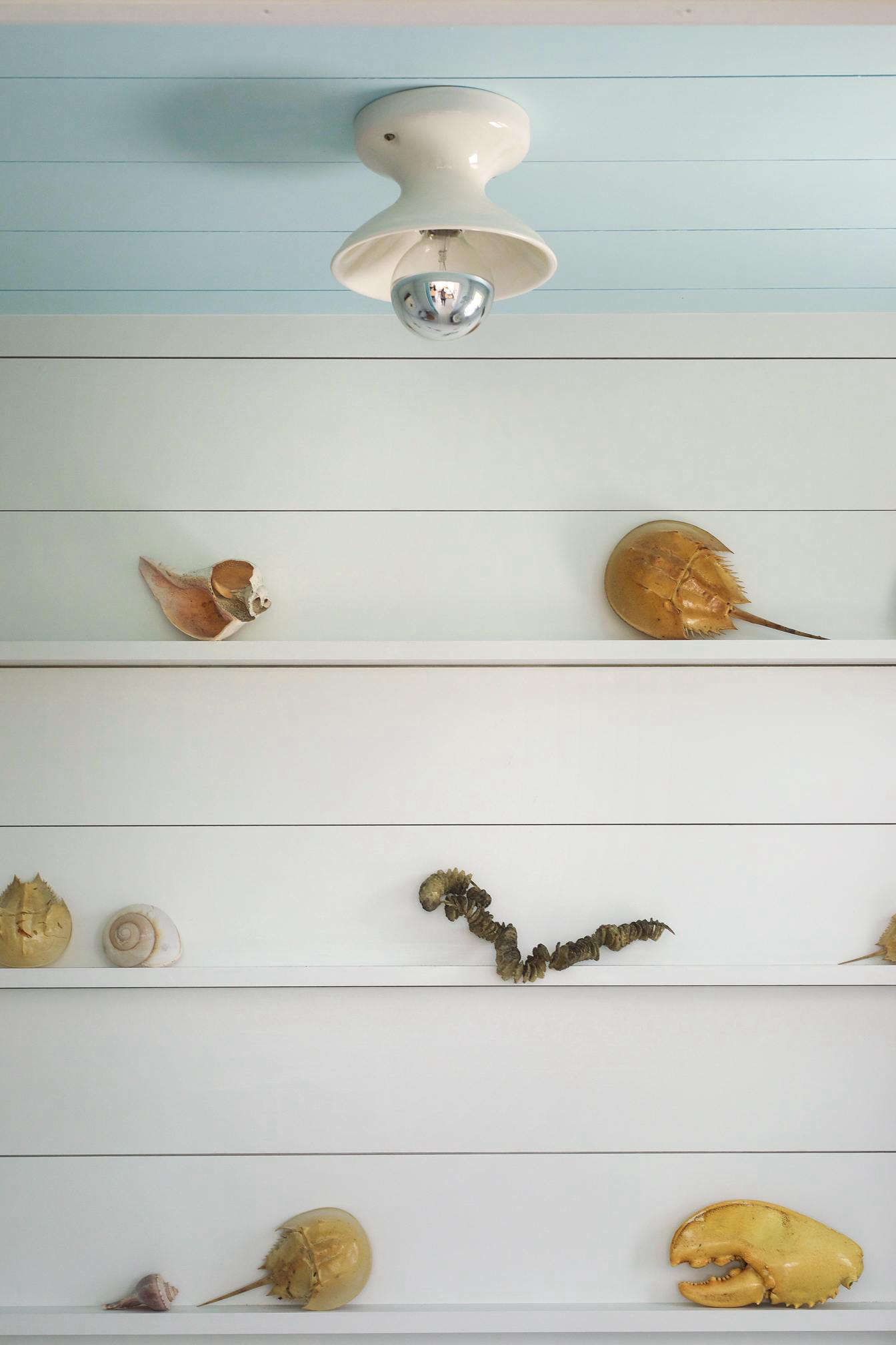 Victoria lined the small bath with shallow shelves as display perches for beachcombing finds. The ceiling light is the Alabax Medium from Schoolhouse Electric.