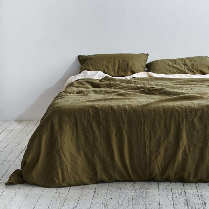 the \100 percent linen duvet set in moss from australian company in bed (in col 17