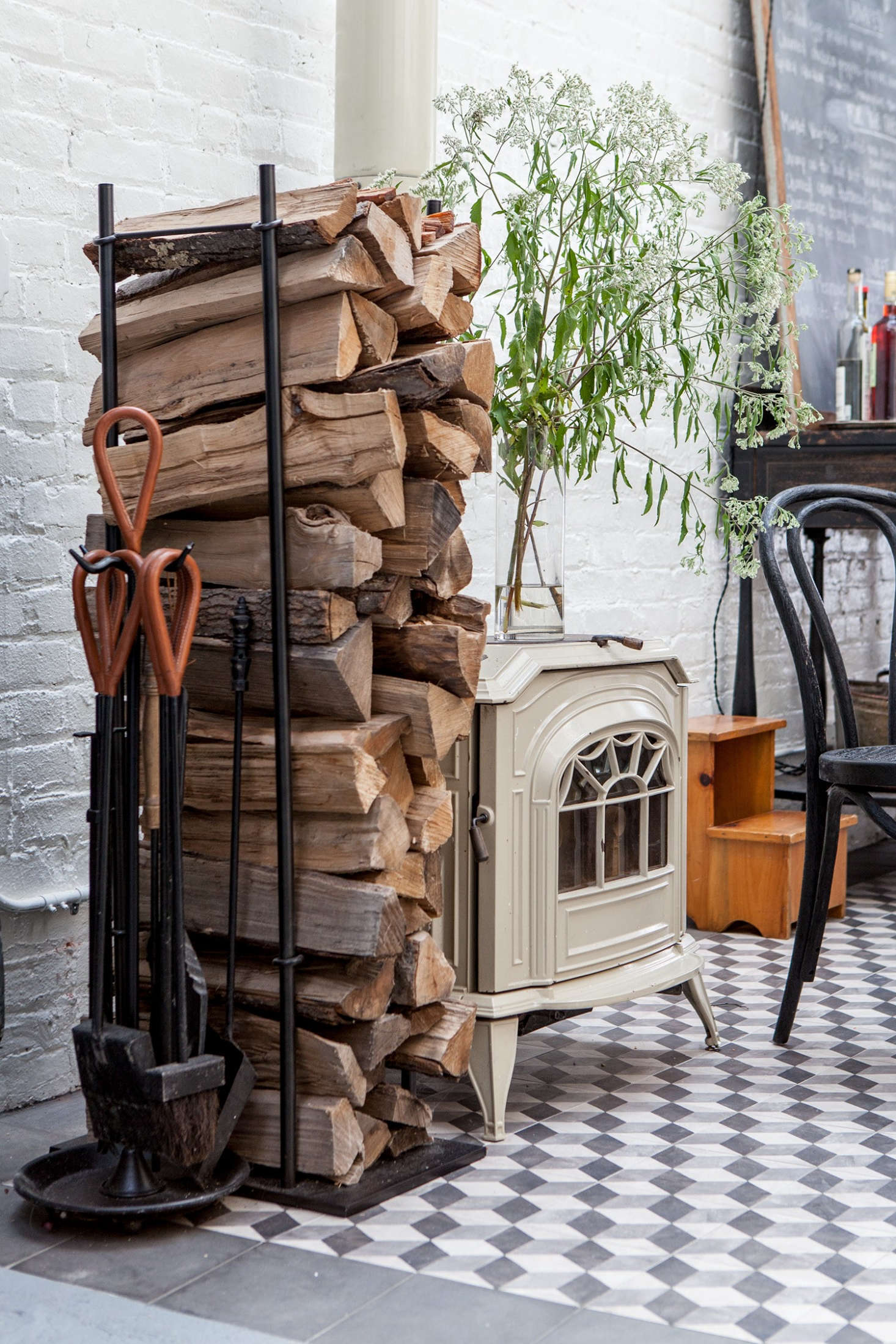 A woodstove, a remnant from the building