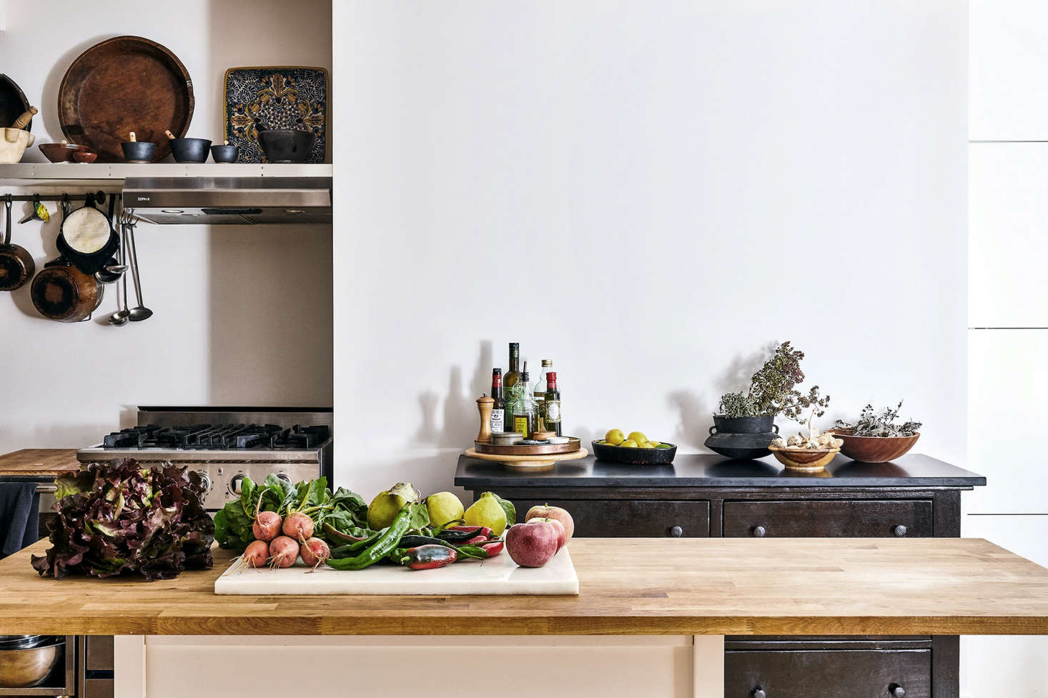 Good enough for a chef: a butcher-block countertop in the Manhattan kitchen of chef David Tanis; see A Chef