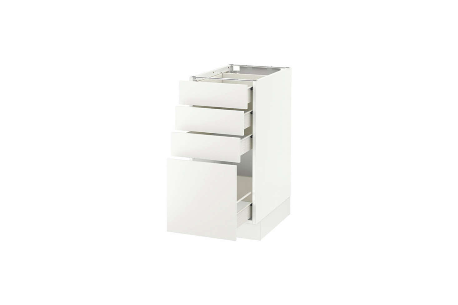 The couple rebuilt the kitchen with Ikea cabinets, like this Sektion Base Cabinet with Drawers ($6), faced with shuttering plywood.