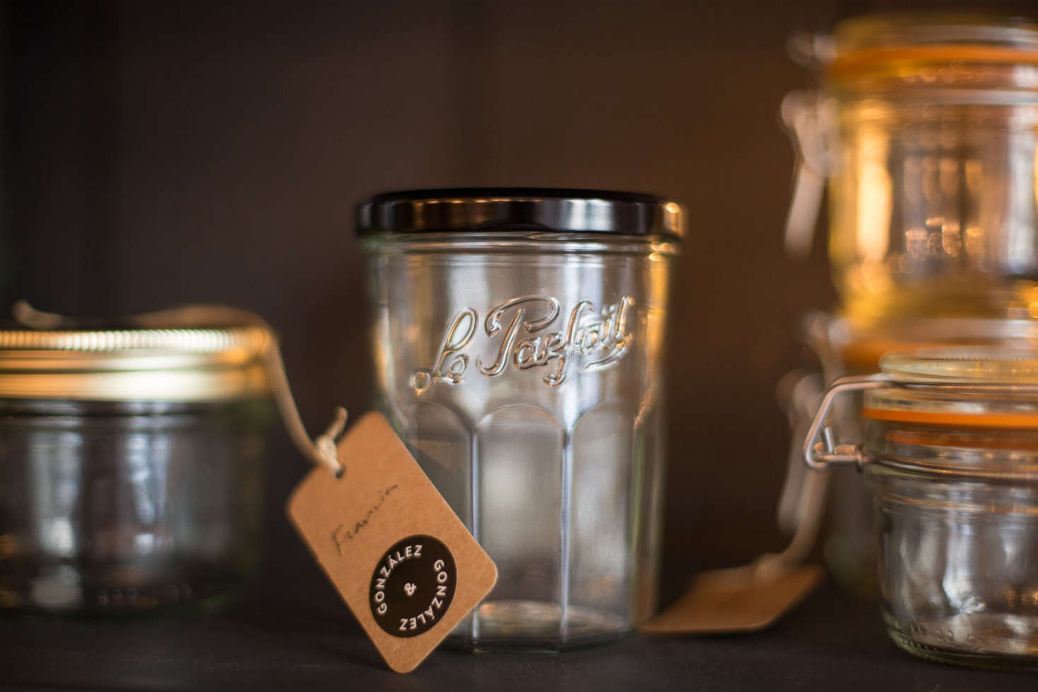 Among the pantry offerings: Le Parfait jam jars with hard-to-find black lids (€