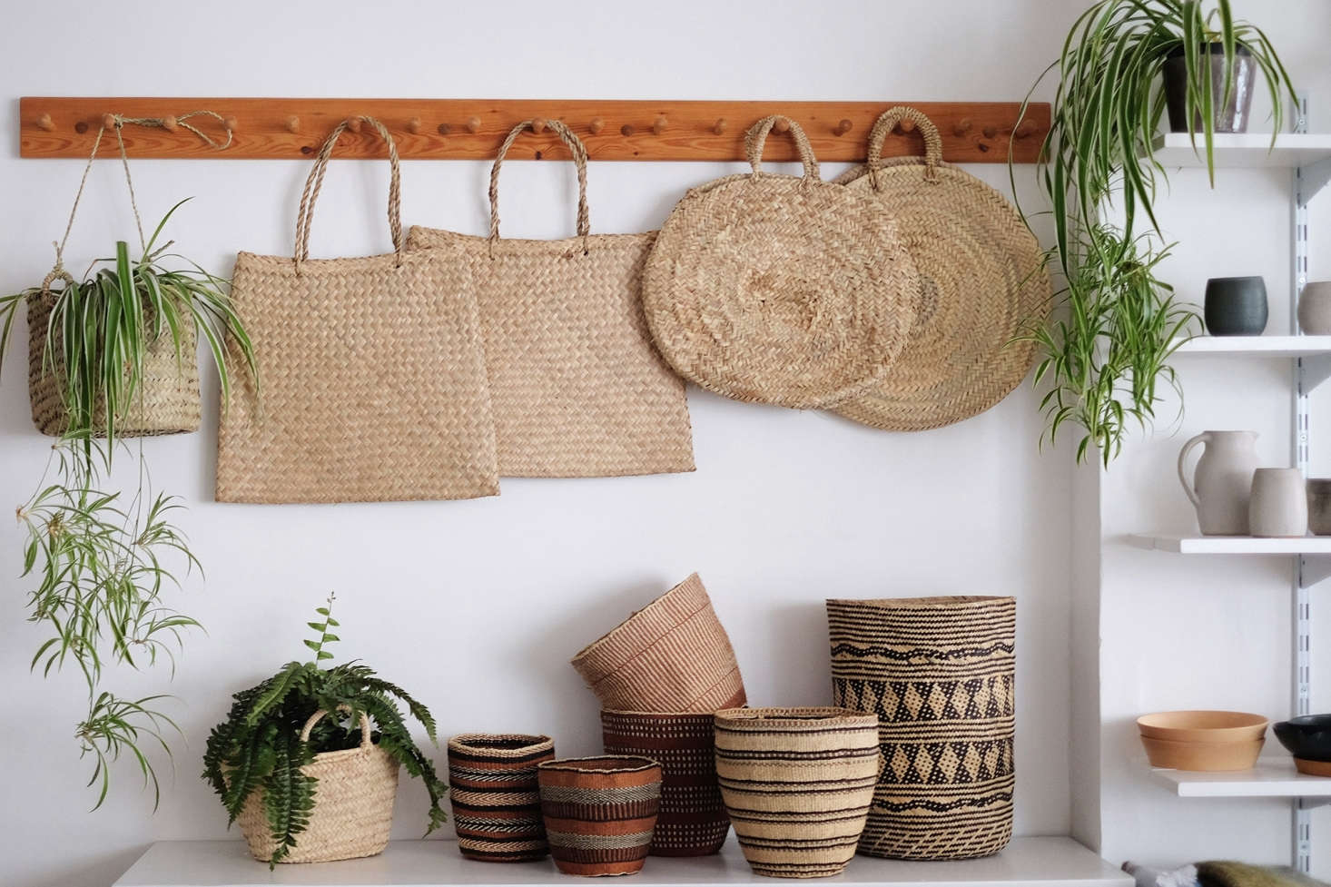 Handmade woven bags and baskets include a Round Basket (£3