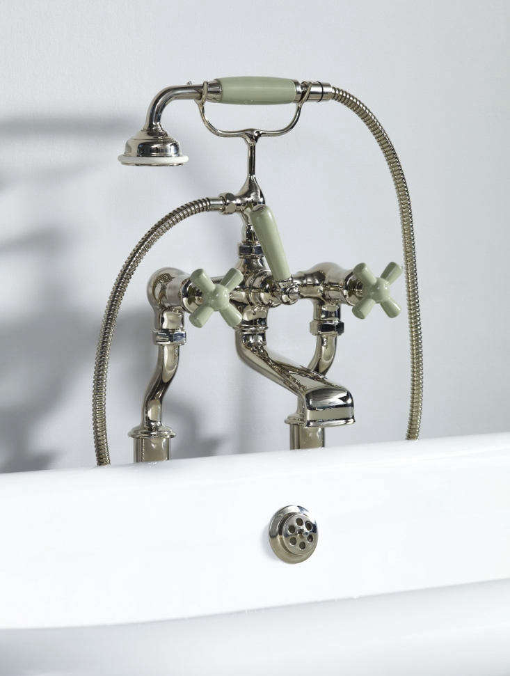 the rockwell bath shower mixer with free standing legs, shown in willow green,  21