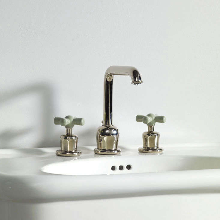 the rockwell deck mounted high spout basin taps, shown in willow green, are &#x 18