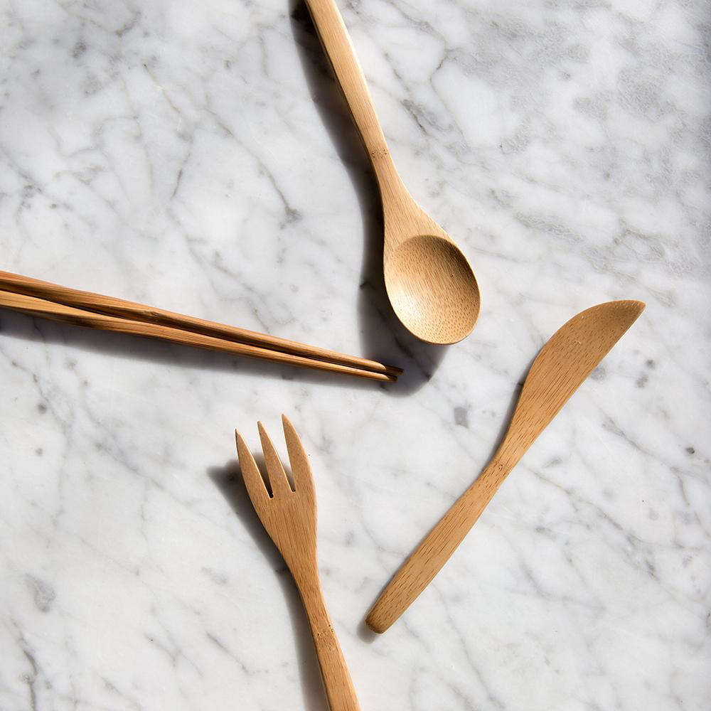 To bypass plastic utensils, Singer advocates carrying your own, such as this lightweight set of bamboo To-Go Ware; $.95.