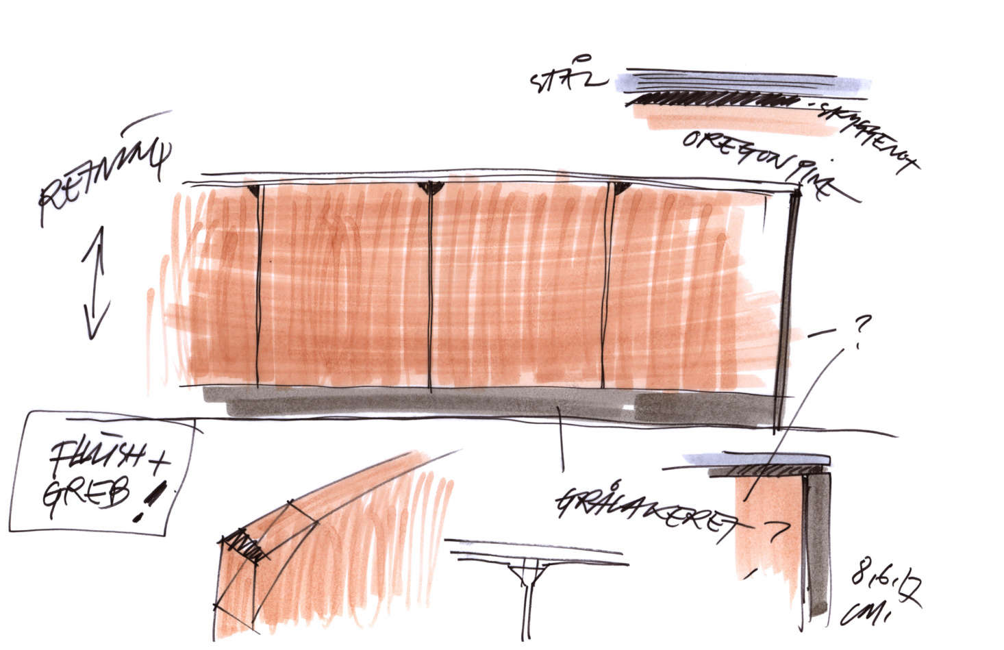 A sketch details Oregon pine, the counter