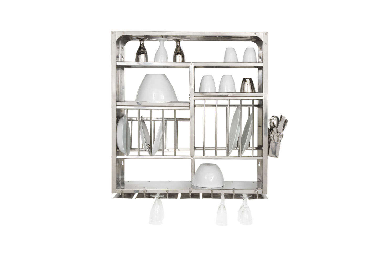 Above the sink is a stainless steel wall-mounted dish rack (the same dish racks seen at Atelier September). They sourced it from French designers Tsé and Tsé, who no longer import the Indian kitchen staple. You can find an identical Middle Plate Rack for £0 from The Plate Rack in the UK.