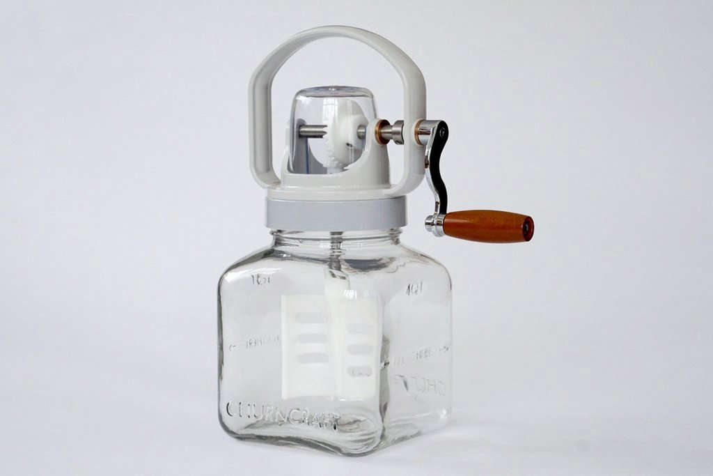 Hand cranked butter, anyone? The Churncraft Butter Churn, $0, is made of glass, metal, and wood—and comes with two wooden butter paddles. Read about it in The Classic Butter Churn Updated.
