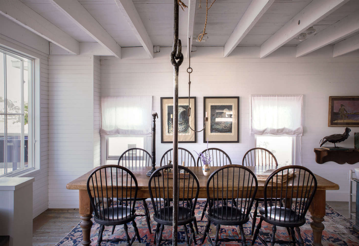 For dining, the couple uses a th-century English library table surrounded by reproduction Windsors found at ABC Carpet & Home. The trammel is an American piece, circa 70, found in New Hampshire in the early 90s.