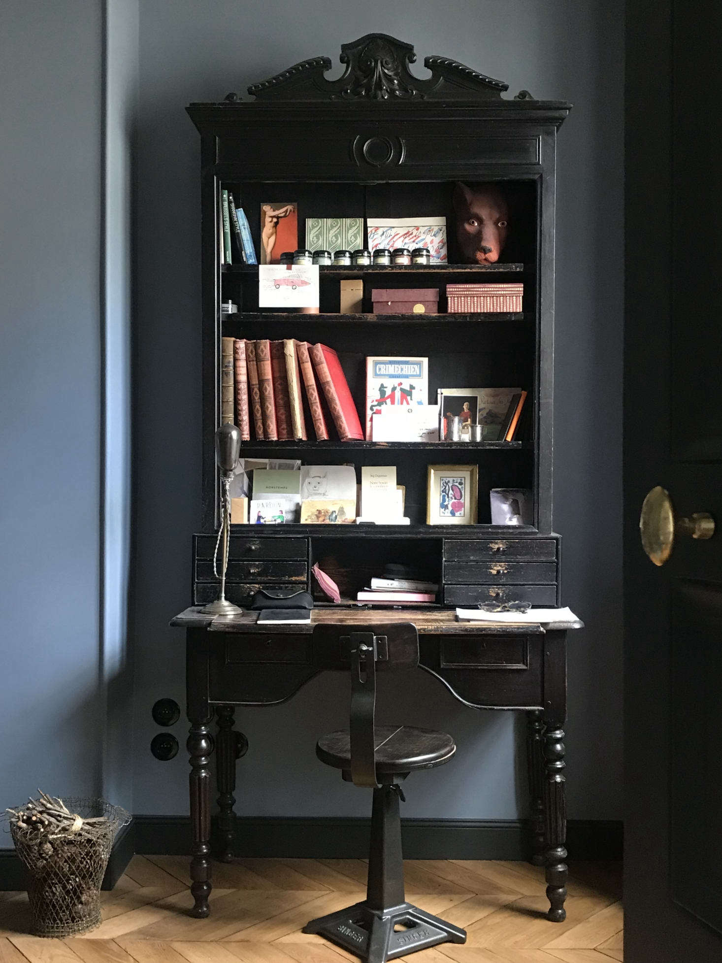We prefer to get down to business in rooms that have some gravitas—and old things, in our opinion, confer gravitas. Here, a Napoleon III desk pairs beautifully with a Singer chair in designer Marianne Evennou