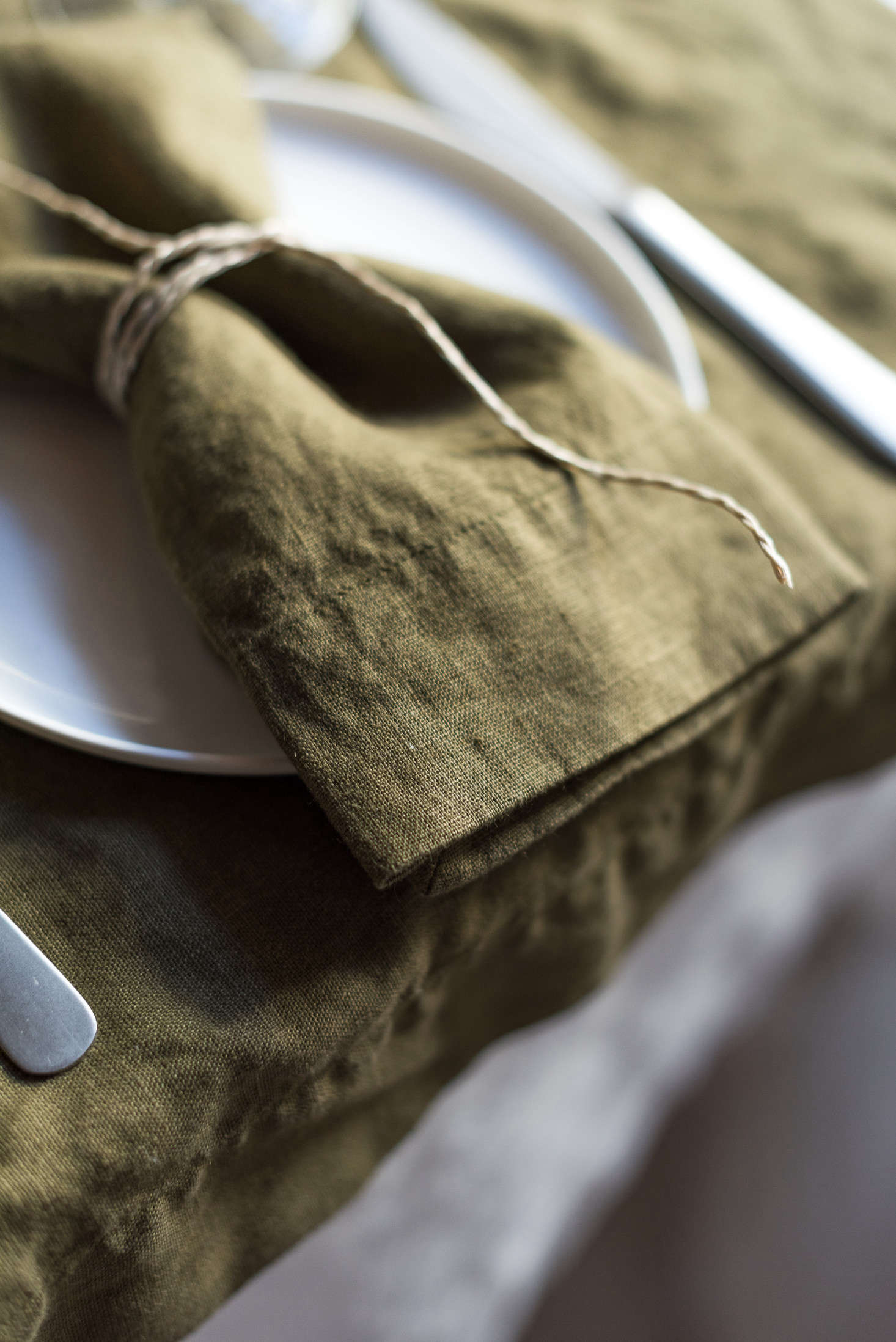 Moss Napkins tied simply with the kind of twine you probably already have in your kitchen drawer.