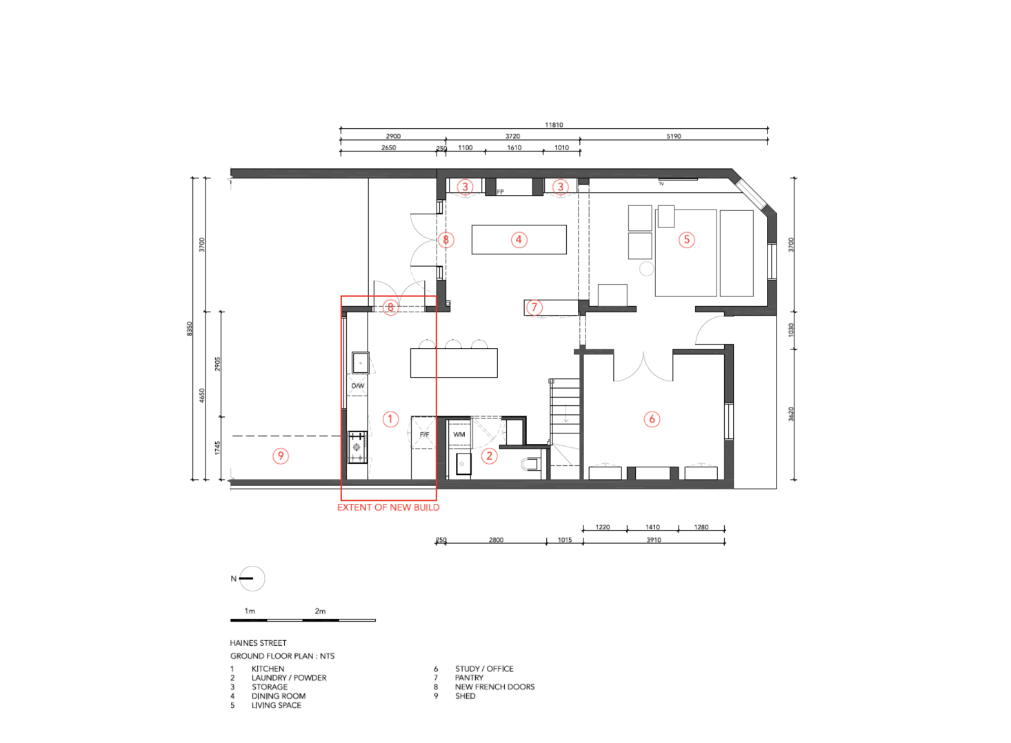 The ground floor plan highlights the kitchen extension.