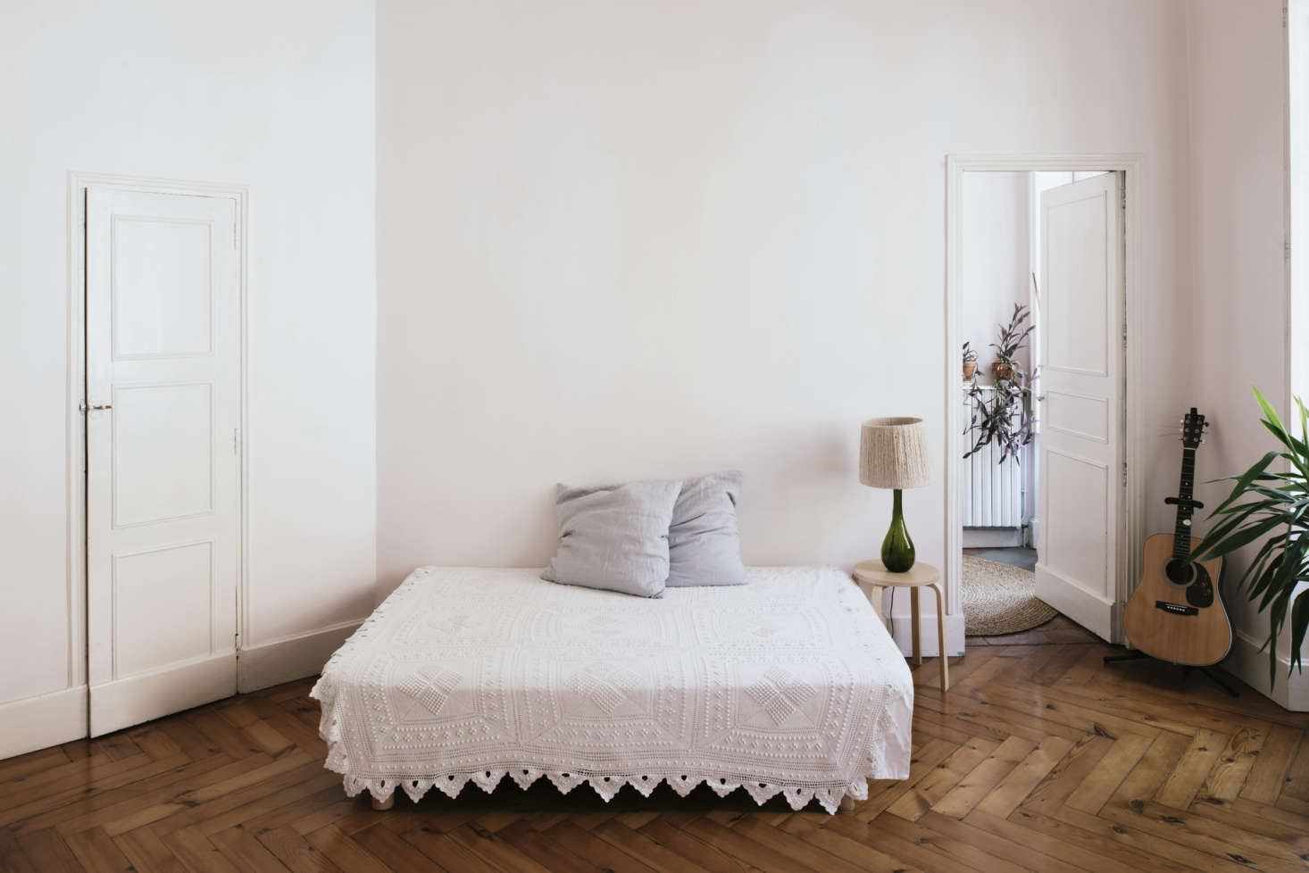 The sparsely fitted bedroom. 