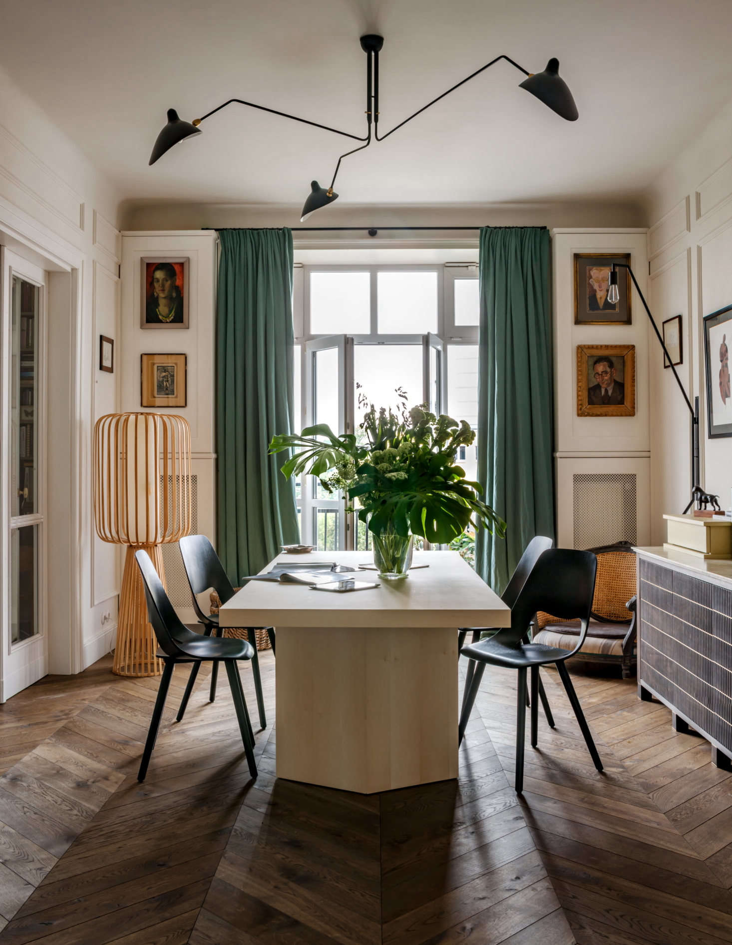 Floor-to-ceiling drapes were made from Fadini Borghi linen by Pierre Frey, the iconic French maker of fabrics and wall coverings. Green is the owner