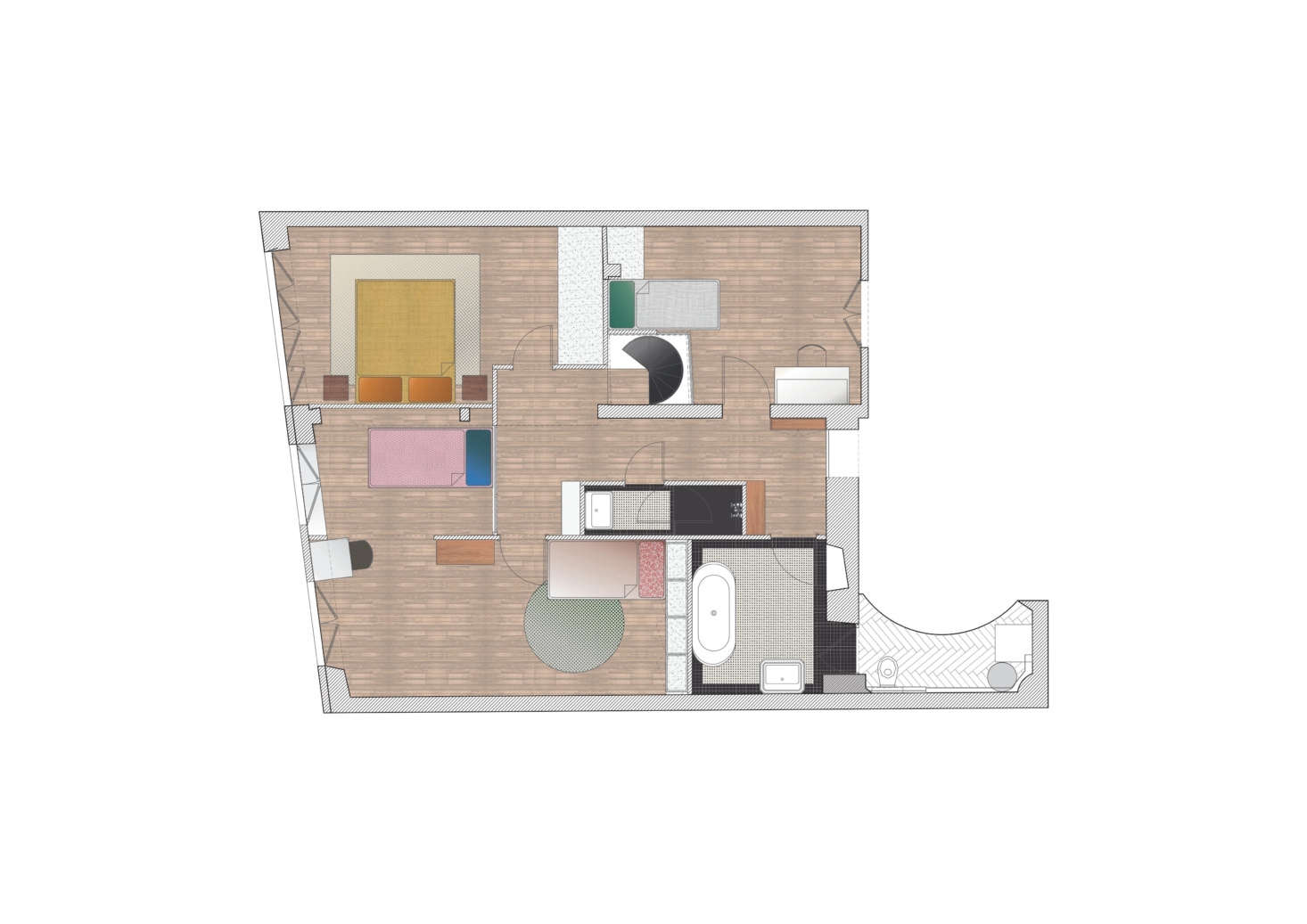 The upstairs now has four bedrooms and two baths. A series of interior windows keep it light and bright.