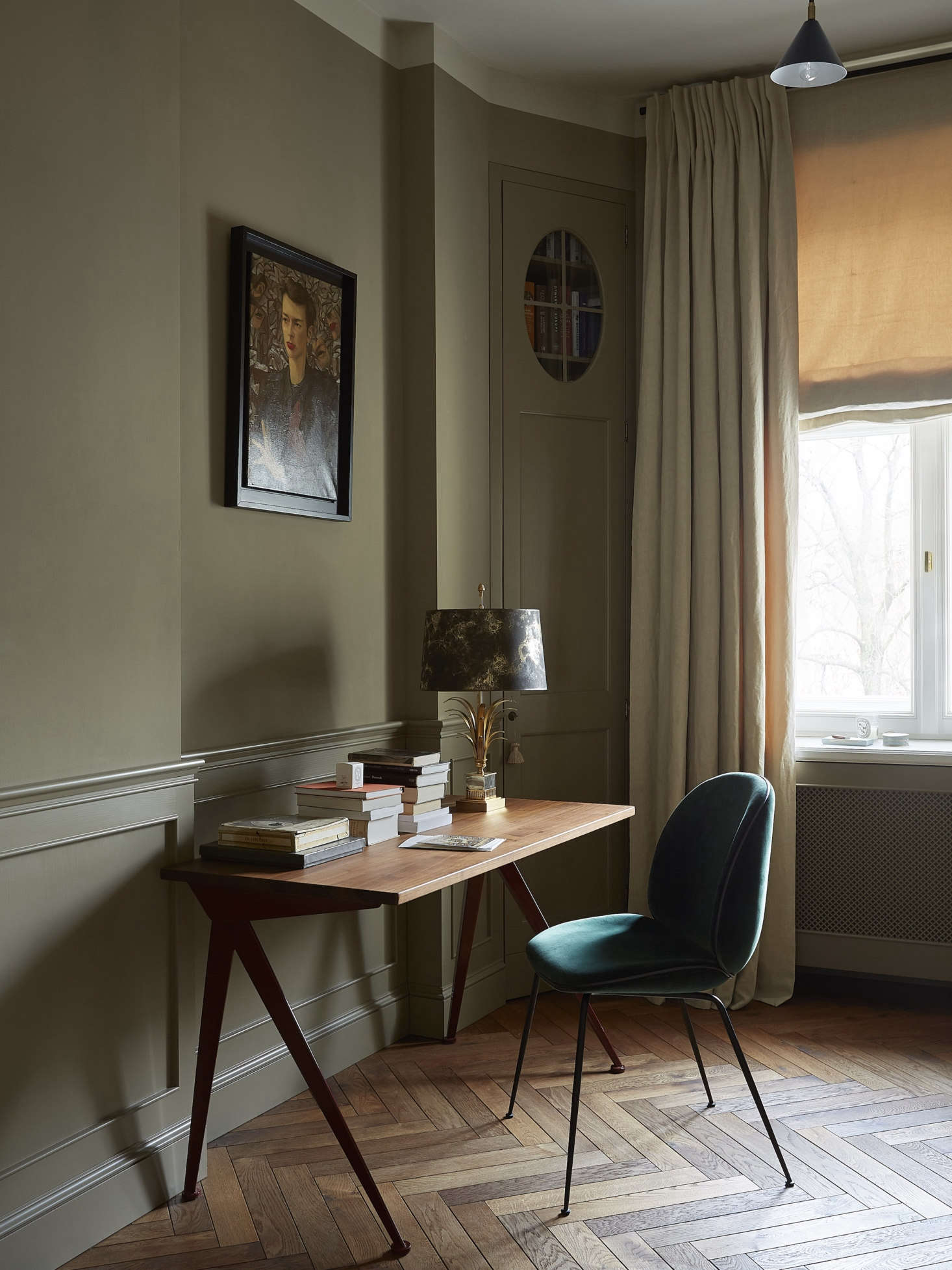 Another Farrow & Ball color, a moody Mouse’s Back, was used in this office by Colombe Design. Photograph by Kasia Gatkowska, courtesy of Colombe Design, from Creative Flow: A Novelist