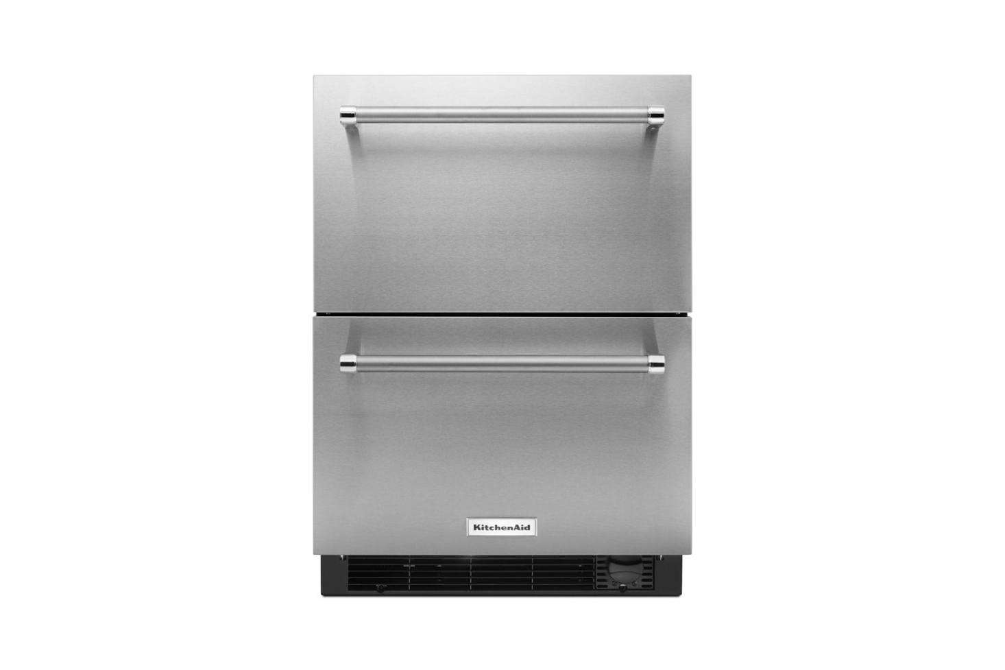 No room for a standard-height fridge? Consider the dorm-sized but sophisticated-looking KitchenAid Double Drawer Refrigerator Freezer; $
