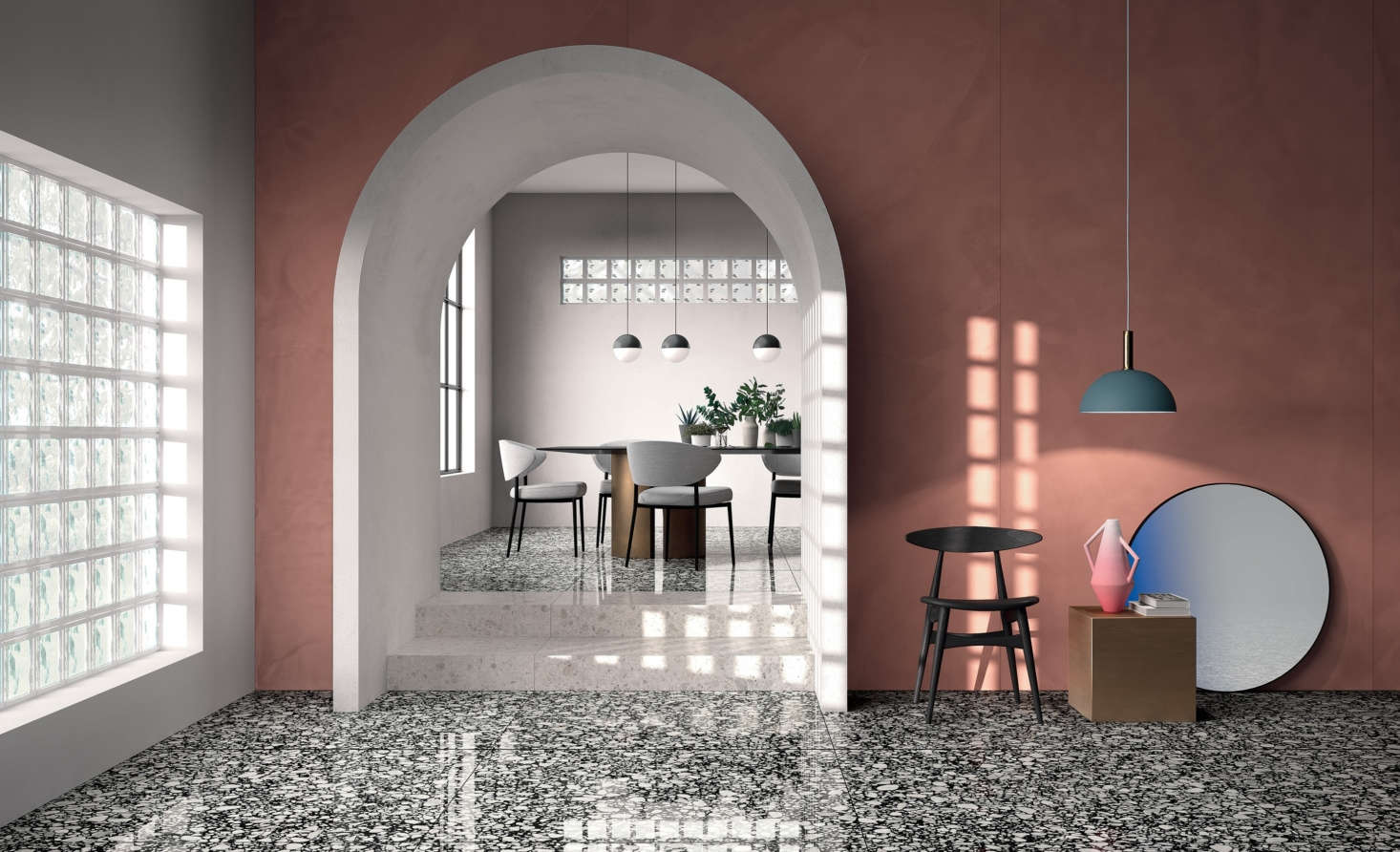 Shards, a porcelain stoneware tile collection by Fondovalle, is a riff on classic Italian terrazzo. The manufacturers used digital printing technology to replicate the look of marble and stone chips set into concrete.