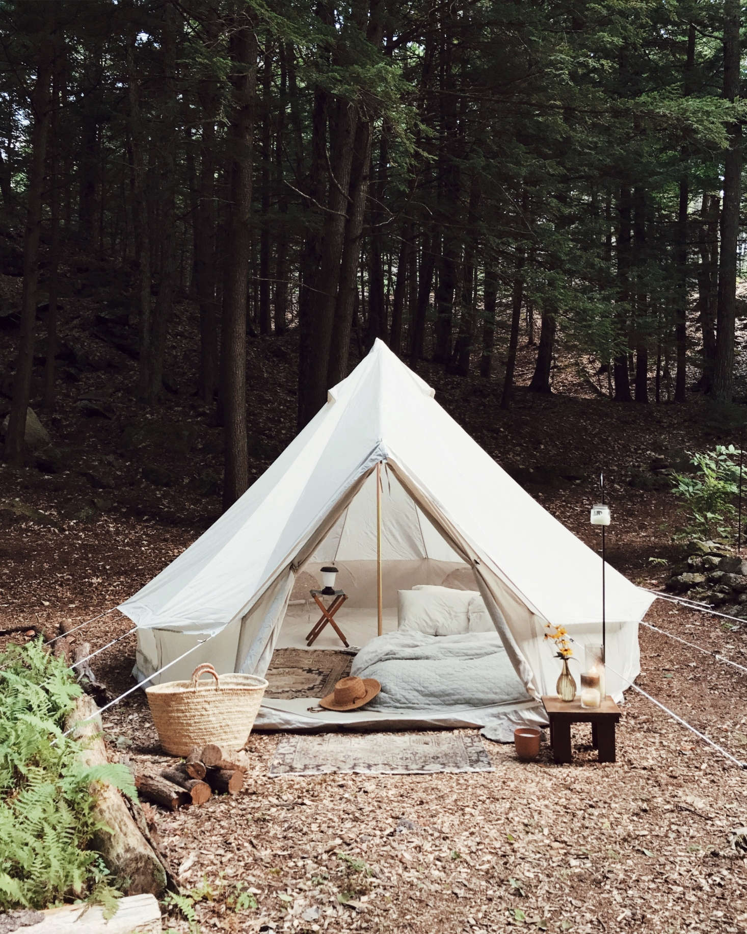 Nearby is a lushly outfitted bell tent, which the couple uses as extra lodgings when friends come to stay. (It