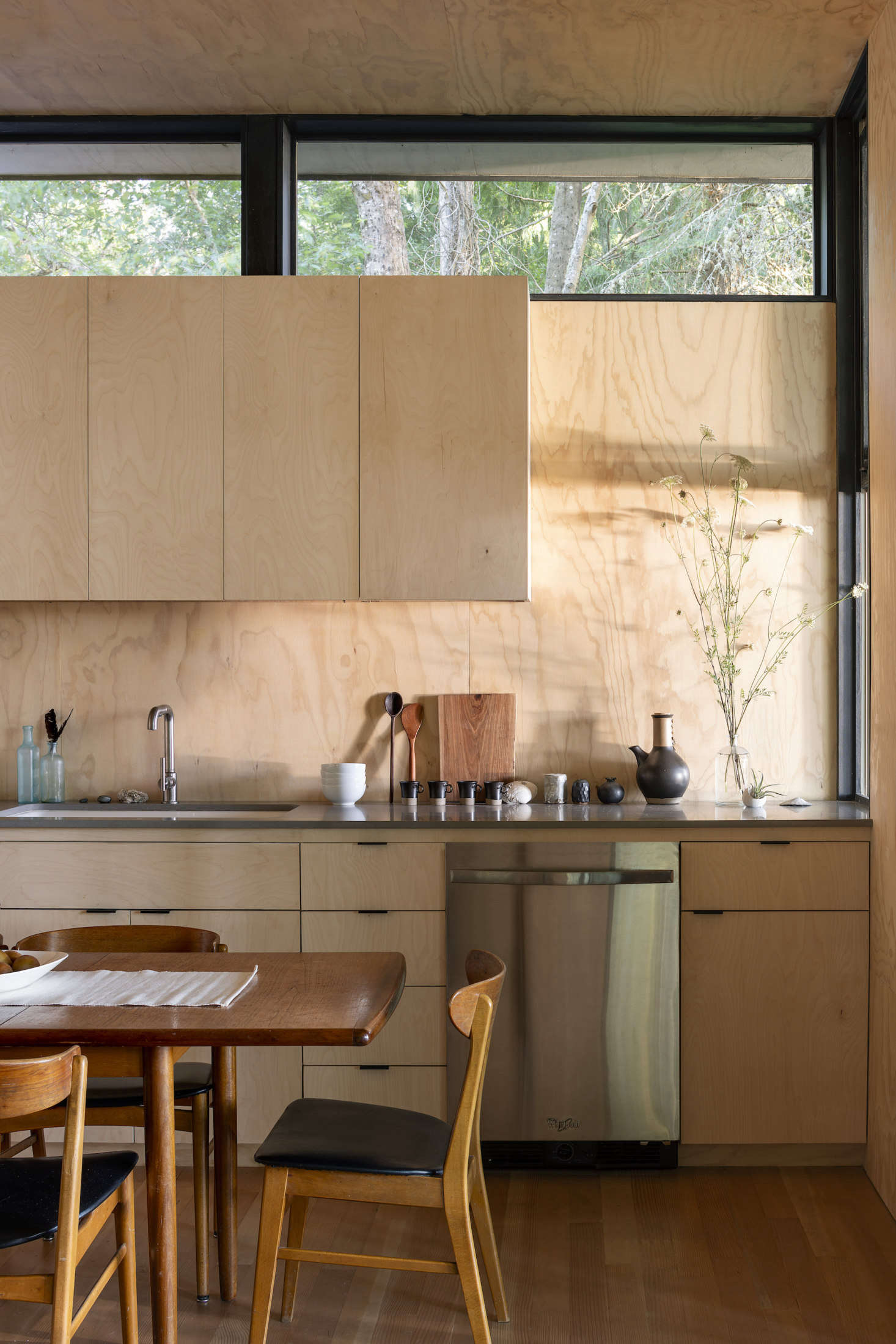 The custom kitchen cabinets are made from birch plywood.