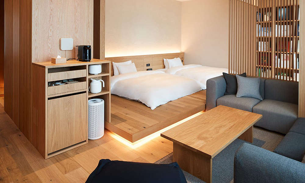 The quarters range in size from just big enough for a twin bed to this suite. As you would expect, Muji Hotels showcase some of the brand