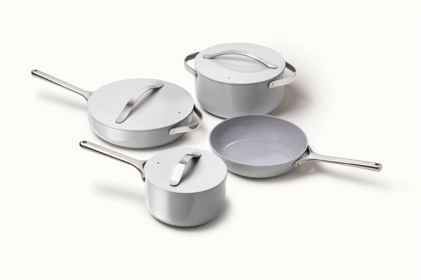 New cookware brand Caraway is focused on healthy, non-toxic cookware. The Caraway Cookware & Cabinet Organizer Set is made up of four ceramic-coated pots and pans made without PFOA, PTFE, lead, cadmium, nickel, or other toxic metals. The ceramic surface is naturally non-stick and pans are are not made by way of a toxic hard anodization process. The set which also includes four magnetic pan racks and a canvas lid holder is $395 at Caraway. [Caraway let us know that with the code REMODELISTA, Remodelista readers receive -percent off the set.)