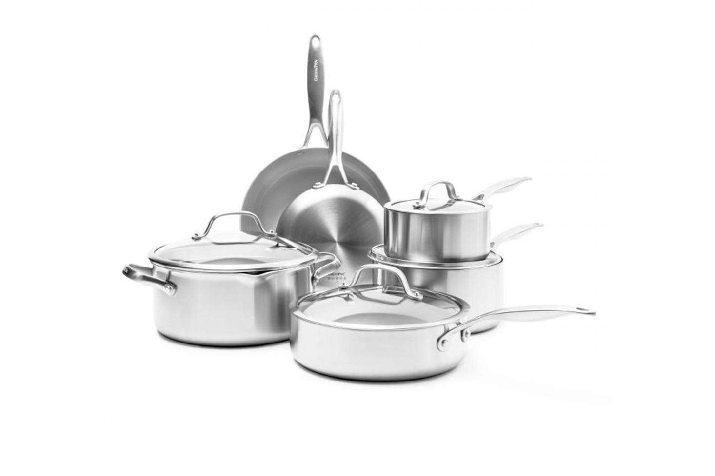 GreenPan uses Thermolon, a non-stick coating made of silicon and oxygen applied in a single layer followed by a protective top coat. The company claims that Thermolon is PFOA- and PTFE-free and does not contain lead or cadmium. It is also, unlike Teflon, heat-resistant up to 450-degrees Celsius to avoid releasing toxins overhead. There are many editions of GreenPan pans to sift through. Shown here is the Venice Pro Ceramic Non-Stick -Piece Cookware Set finished with Themolon Minerals Pro, a metal utensil-safe coating; $499 for the set at GreenPan. You can also find GreenPan cookware at Goop.