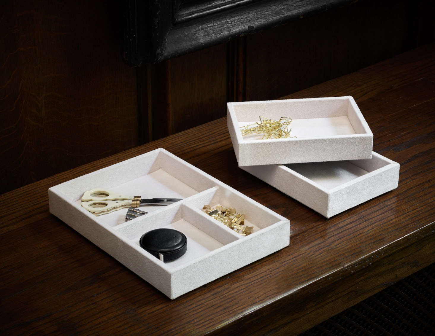 The Stackable Valet Tray is available in chalk or black; $40 for the smaller size and $60 for the larger.