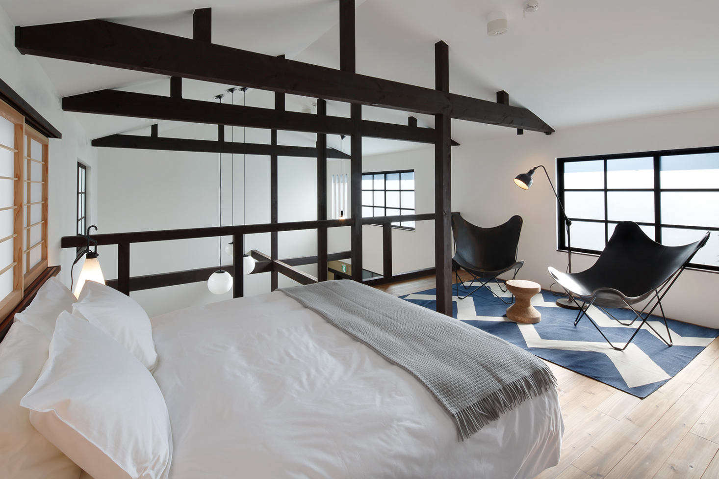 The houses are rented individually. Go-Go (no. 5), which accommodates two, has a modern, double-height interior and a rarity in Japan: a king-size bed.