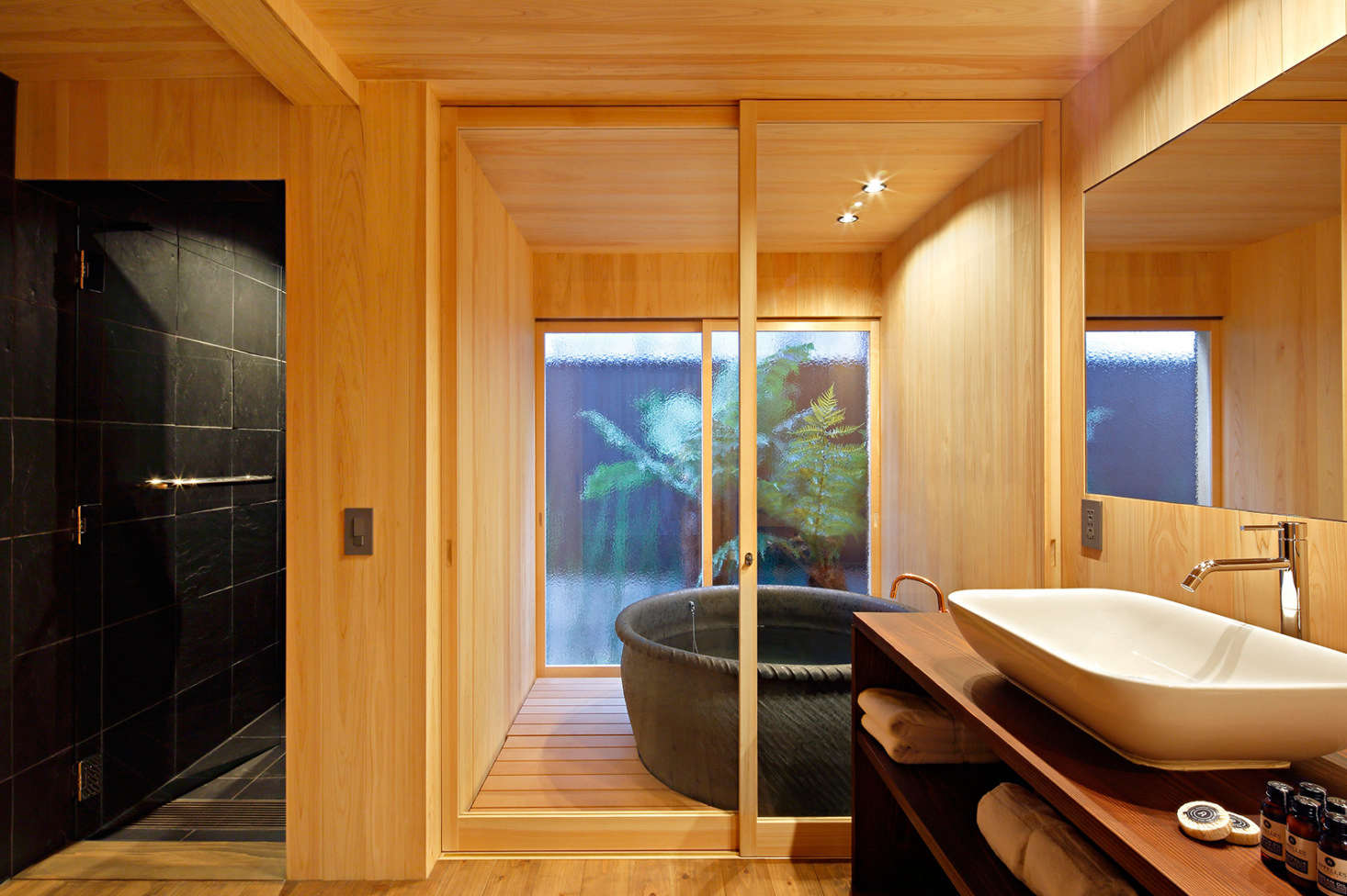 The No.5 bath with tiled shower and indoor-outdoor soaking tub.